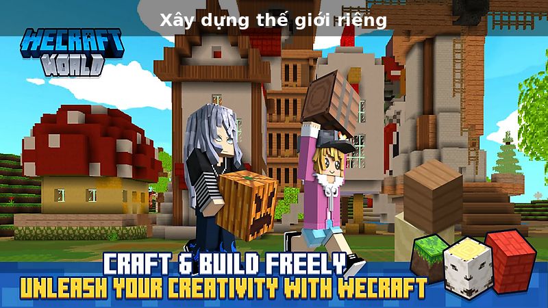 Tải WeCraft Worlds MOD APK (Vô Hạn Tiền, Kim Cương) v1.4.28 Giao diện đặt các khối tường và sàn để tạo phần khung cho công trình.