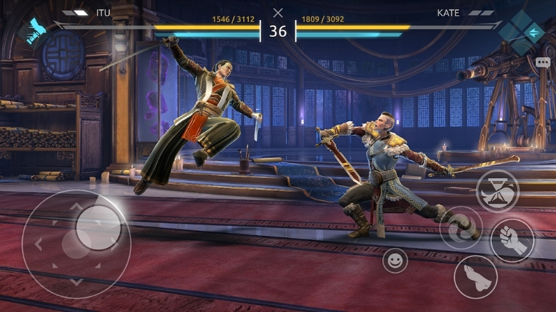 Tải Shadow Fight 4 MOD APK (Vô Hạn Tiền, Mở Khóa Tướng) v1.9.85 Hai chiến binh thực hiện combo tấn công trong Shadow Fight 4